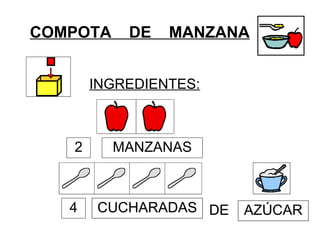 COMPOTA DE MANZANA
INGREDIENTES:
MANZANAS
AZÚCARCUCHARADAS DE
2
4 CUCHARADAS DE AZÚCARCUCHARADAS DE
 