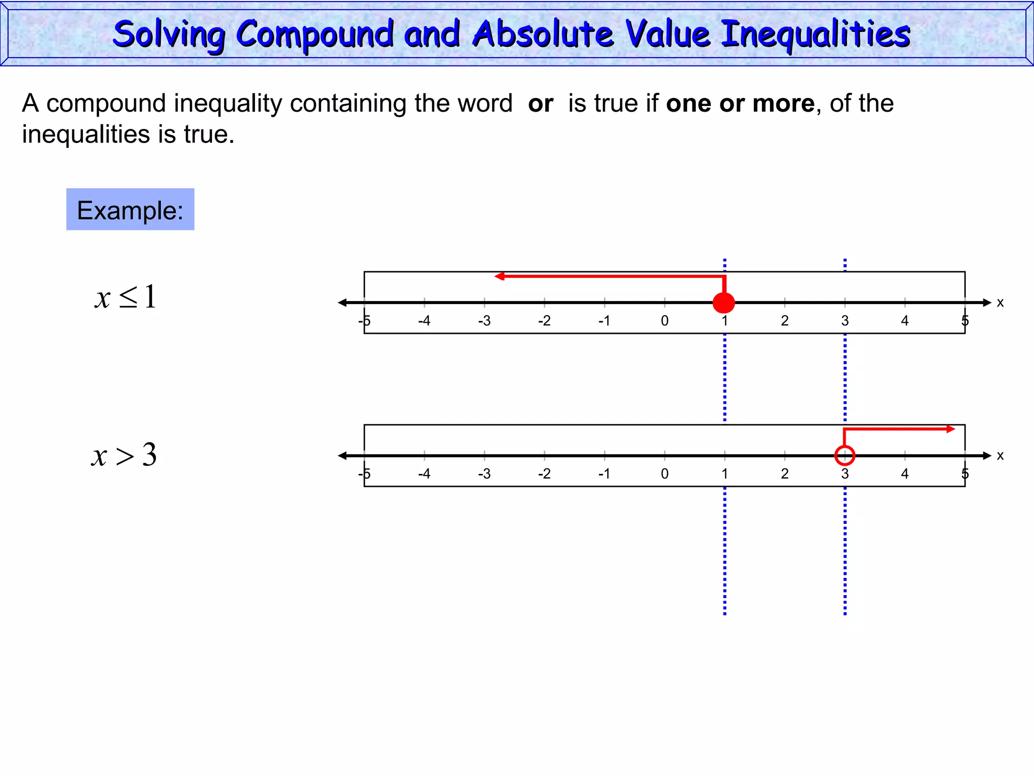 A compound inequality containing the word  or   is true if  one or more , of the inequalities is true. Example: Solving Compound and Absolute Value Inequalities  x 5 -4 -2 0 2 4 -5 -3 1 5 -1 -5 3 x 5 -4 -2 0 2 4 -5 -3 1 5 -1 -5 3 