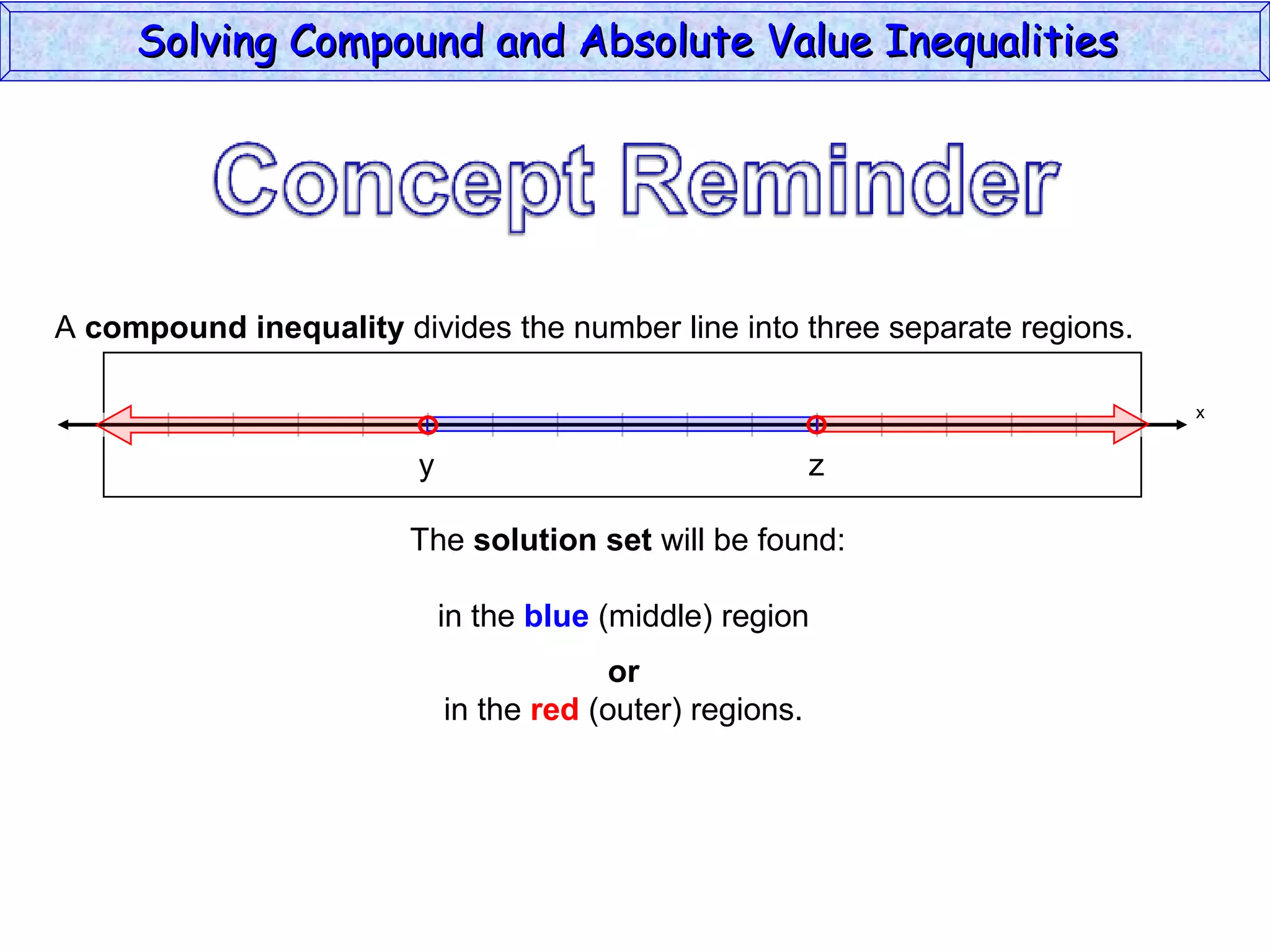 A  compound inequality  divides the number line into three separate regions. The  solution set  will be found:   in the  blue  (middle) region  or in the  red  (outer) regions. Solving Compound and Absolute Value Inequalities  x y z 