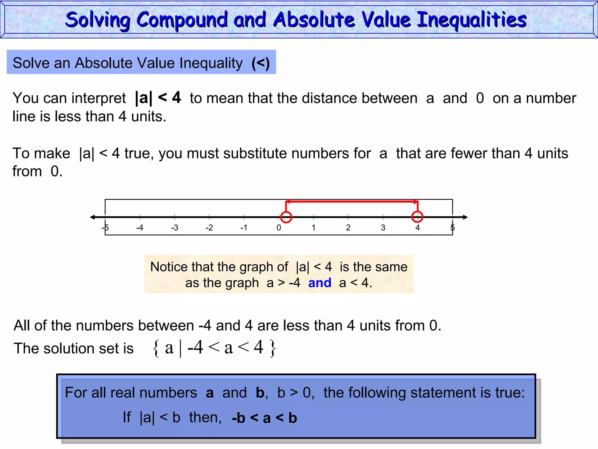 Solve an Absolute Value Inequality  (<) You can interpret  |a| < 4   to mean that the distance between  a  and  0  on a number line is less than 4 units. To make  |a| < 4 true, you must substitute numbers for  a  that are fewer than 4 units from  0. Notice that the graph of  |a| < 4  is the same as the graph  a > -4  and   a < 4. All of the numbers between -4 and 4 are less than 4 units from 0. The solution set is  { a | -4 < a < 4 } Solving Compound and Absolute Value Inequalities  5 -4 -2 0 2 4 -5 -3 1 5 -1 -5 3 For all real numbers  a   and  b ,  b > 0,  the following statement is true: If  |a| < b  then,  -b < a < b 
