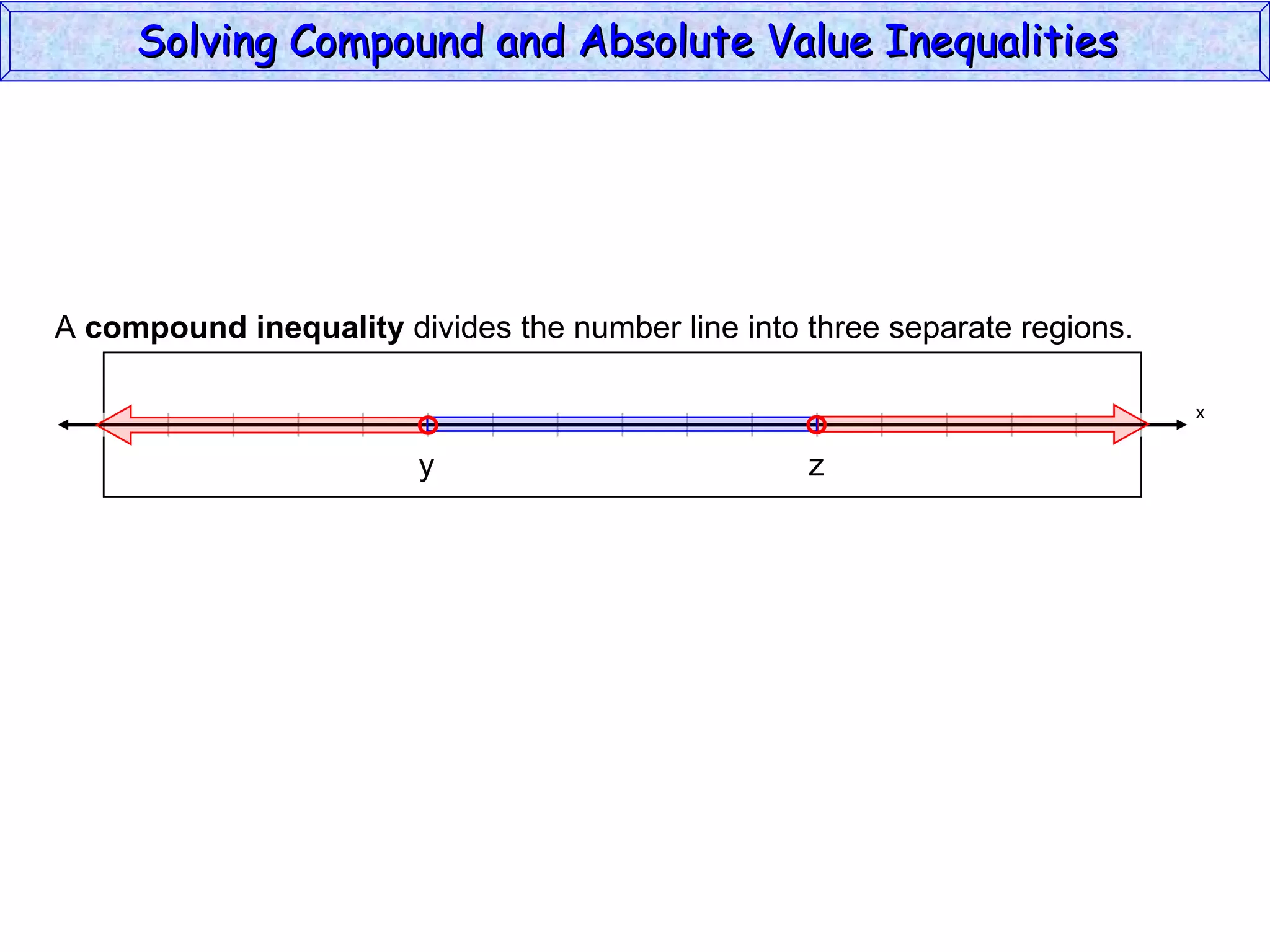 A  compound inequality  divides the number line into three separate regions. Solving Compound and Absolute Value Inequalities  x y z 
