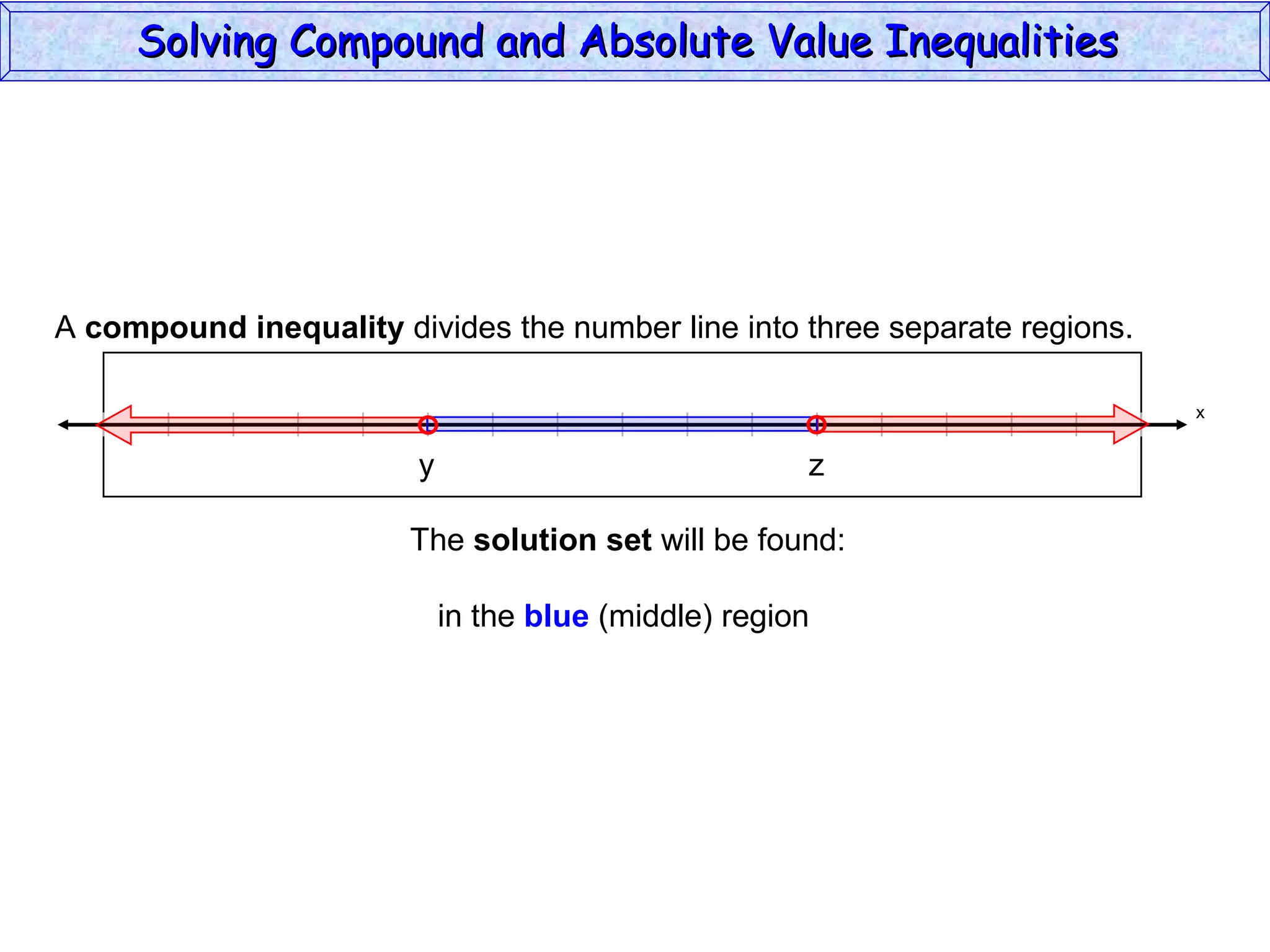 Solving Compound and Absolute Value Inequalities  x A  compound inequality  divides the number line into three separate regions. The  solution set  will be found:   in the  blue  (middle) region  y z 