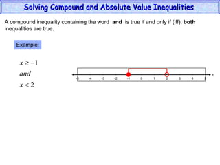 A compound inequality containing the word  and   is true if and only if (iff),  both inequalities are true. Example: Solving Compound and Absolute Value Inequalities  x 5 -4 -2 0 2 4 -5 -3 1 5 -1 -5 3 