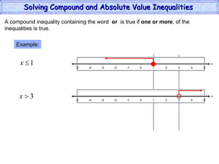 A compound inequality containing the word  or   is true if  one or more , of the inequalities is true. Example: Solving Compound and Absolute Value Inequalities  x 5 -4 -2 0 2 4 -5 -3 1 5 -1 -5 3 x 5 -4 -2 0 2 4 -5 -3 1 5 -1 -5 3 