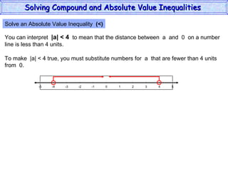 Solve an Absolute Value Inequality  (<) You can interpret  |a| < 4   to mean that the distance between  a  and  0  on a number line is less than 4 units. To make  |a| < 4 true, you must substitute numbers for  a  that are fewer than 4 units from  0. Solving Compound and Absolute Value Inequalities  5 -4 -2 0 2 4 -5 -3 1 5 -1 -5 3 