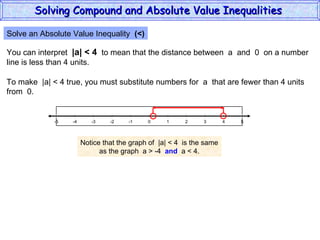 Solve an Absolute Value Inequality  (<) You can interpret  |a| < 4   to mean that the distance between  a  and  0  on a number line is less than 4 units. To make  |a| < 4 true, you must substitute numbers for  a  that are fewer than 4 units from  0. Notice that the graph of  |a| < 4  is the same as the graph  a > -4  and   a < 4. Solving Compound and Absolute Value Inequalities  5 -4 -2 0 2 4 -5 -3 1 5 -1 -5 3 