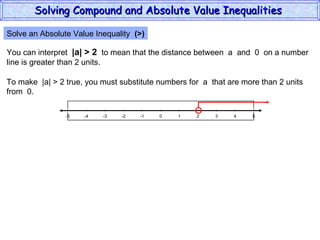 Solve an Absolute Value Inequality  (>) You can interpret  |a| > 2   to mean that the distance between  a  and  0  on a number line is greater than 2 units. To make  |a| > 2 true, you must substitute numbers for  a  that are more than 2 units from  0. Solving Compound and Absolute Value Inequalities  5 -4 -2 0 2 4 -5 -3 1 5 -1 -5 3 