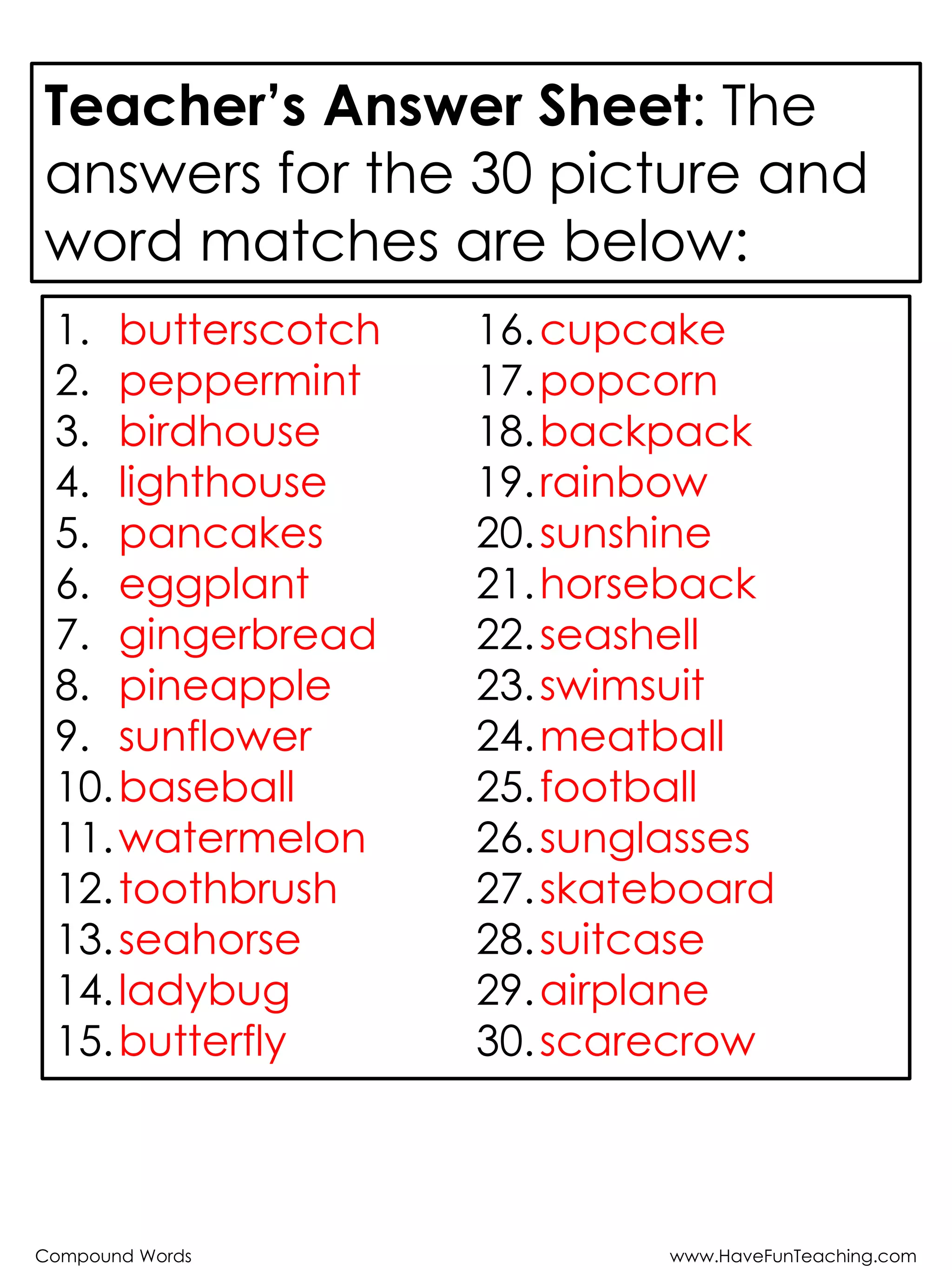 Teacher’s Answer Sheet: The
answers for the 30 picture and
word matches are below:
1. butterscotch
2. peppermint
3. birdhouse
4. lighthouse
5. pancakes
6. eggplant
7. gingerbread
8. pineapple
9. sunflower
10.baseball
11.watermelon
12.toothbrush
13.seahorse
14.ladybug
15.butterfly
16.cupcake
17.popcorn
18.backpack
19.rainbow
20.sunshine
21.horseback
22.seashell
23.swimsuit
24.meatball
25.football
26.sunglasses
27.skateboard
28.suitcase
29.airplane
30.scarecrow
Compound Words www.HaveFunTeaching.com
 