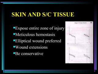 04/22/13
SKIN AND S/C TISSUESKIN AND S/C TISSUE
Expose entire zone of injuryExpose entire zone of injury
Meticulous hemo...