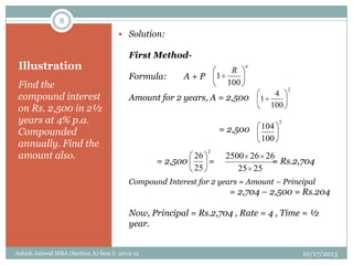 Illustration
Find the
compound interest
on Rs. 2,500 in 2½
years at 4% p.a.
Compounded
annually. Find the
amount also.
 Solution:
First Method-
Formula: A + P
Amount for 2 years, A = 2,500
= 2,500
= 2,500 = = Rs.2,704
Compound Interest for 2 years = Amount – Principal
= 2,704 – 2,500 = Rs.204
Now, Principal = Rs.2,704 , Rate = 4 , Time = ½
year.
n
R
100
1
2
100
4
1
2
100
104
2
25
26
2525
26262500
10/17/2013Ashish Jaiswal MBA (Section A) Sem I- 2013-15
8
 