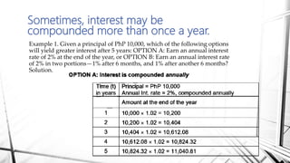 Example 1. Given a principal of PhP 10,000, which of the following options
will yield greater interest after 5 years: OPTION A: Earn an annual interest
rate of 2% at the end of the year, or OPTION B: Earn an annual interest rate
of 2% in two portions—1% after 6 months, and 1% after another 6 months?
Solution.
Sometimes, interest may be
compounded more than once a year.
 