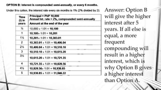 Answer: Option B
will give the higher
interest after 5
years. If all else is
equal, a more
frequent
compounding will
result in a higher
interest, which is
why Option B gives
a higher interest
than Option A.
 