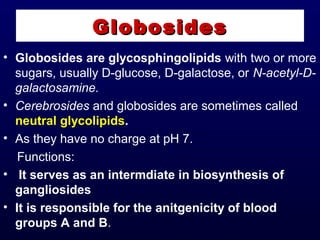GlobosidesGlobosides
• Globosides are glycosphingolipids with two or more
sugars, usually D-glucose, D-galactose, or N-acetyl-D-
galactosamine.
• Cerebrosides and globosides are sometimes called
neutral glycolipids.
• As they have no charge at pH 7.
Functions:
• It serves as an intermdiate in biosynthesis of
gangliosides
• It is responsible for the anitgenicity of blood
groups A and B.
 