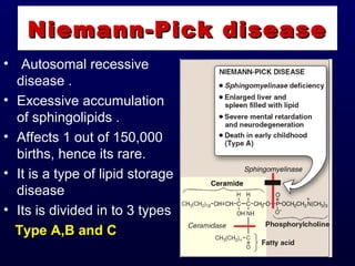 Niemann-Pick diseaseNiemann-Pick disease
• Autosomal recessive
disease .
• Excessive accumulation
of sphingolipids .
• Affects 1 out of 150,000
births, hence its rare.
• It is a type of lipid storage
disease
• Its is divided in to 3 types
Type A,B and C
 