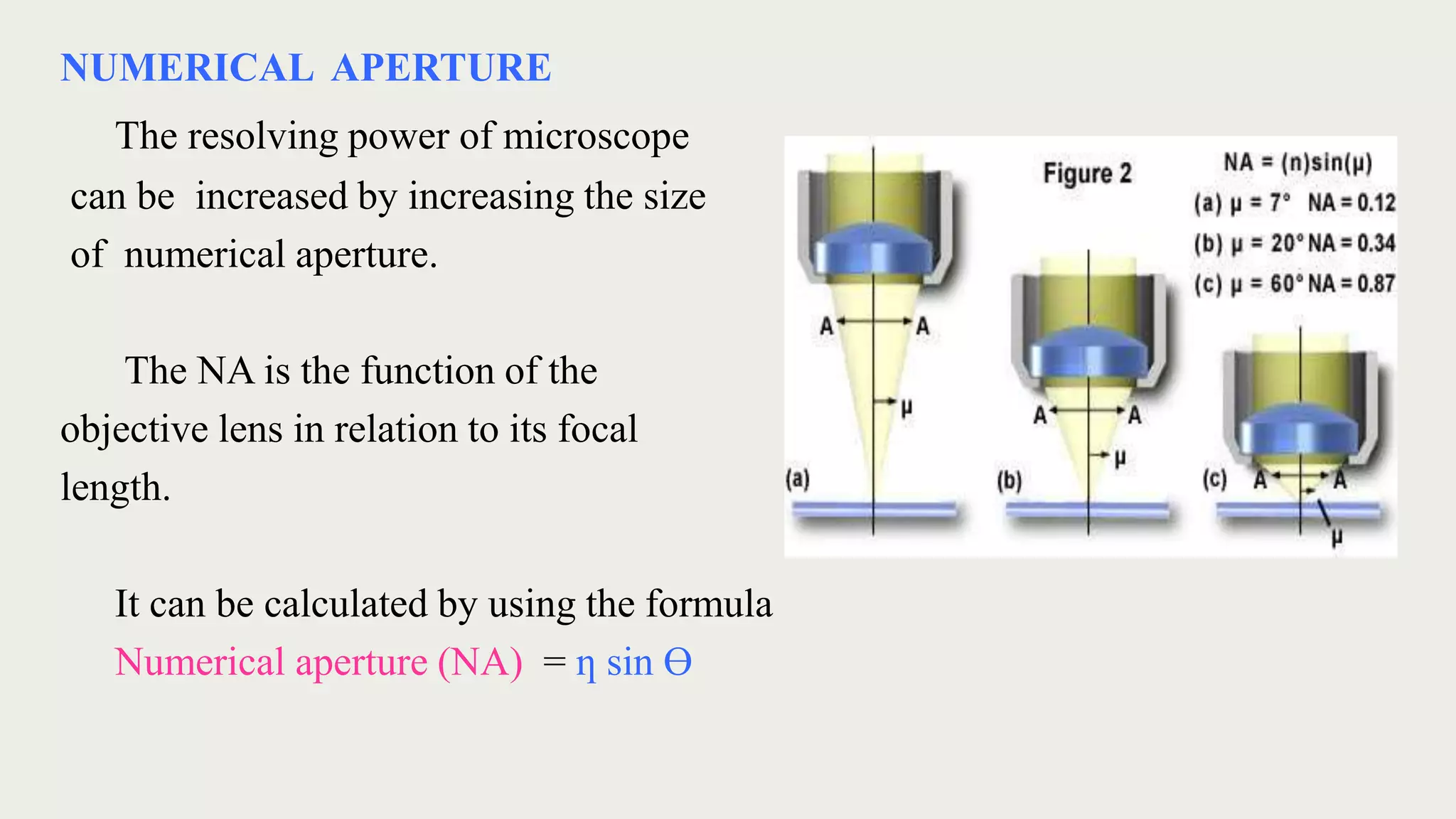 NUMERICAL APERTURE
The resolving power of microscope
can be increased by increasing the size
of numerical aperture.
The NA is the function of the
objective lens in relation to its focal
length.
It can be calculated by using the formula
Numerical aperture (NA) = ƞ sin Ɵ
 