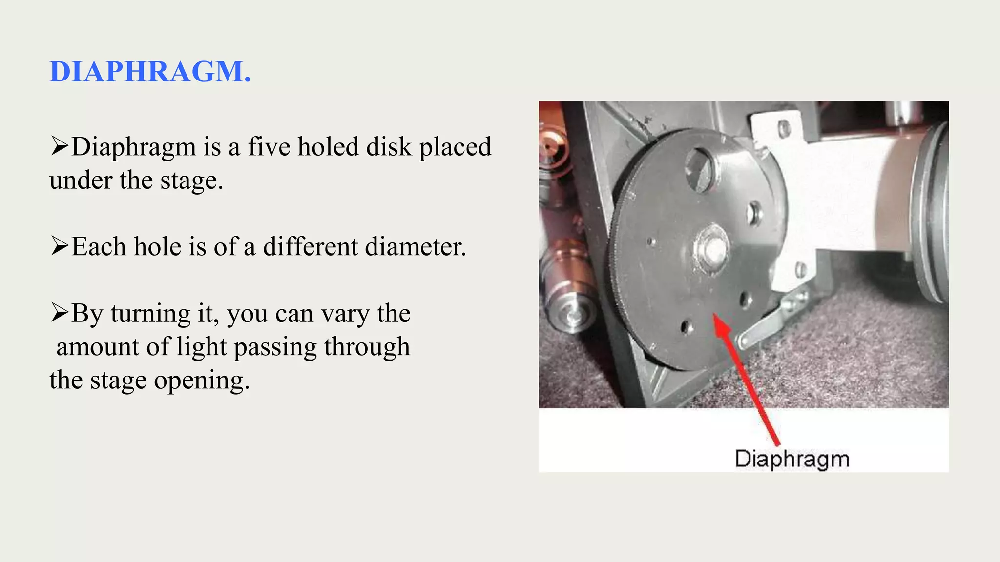DIAPHRAGM.
Diaphragm is a five holed disk placed
under the stage.
Each hole is of a different diameter.
By turning it, you can vary the
amount of light passing through
the stage opening.
 