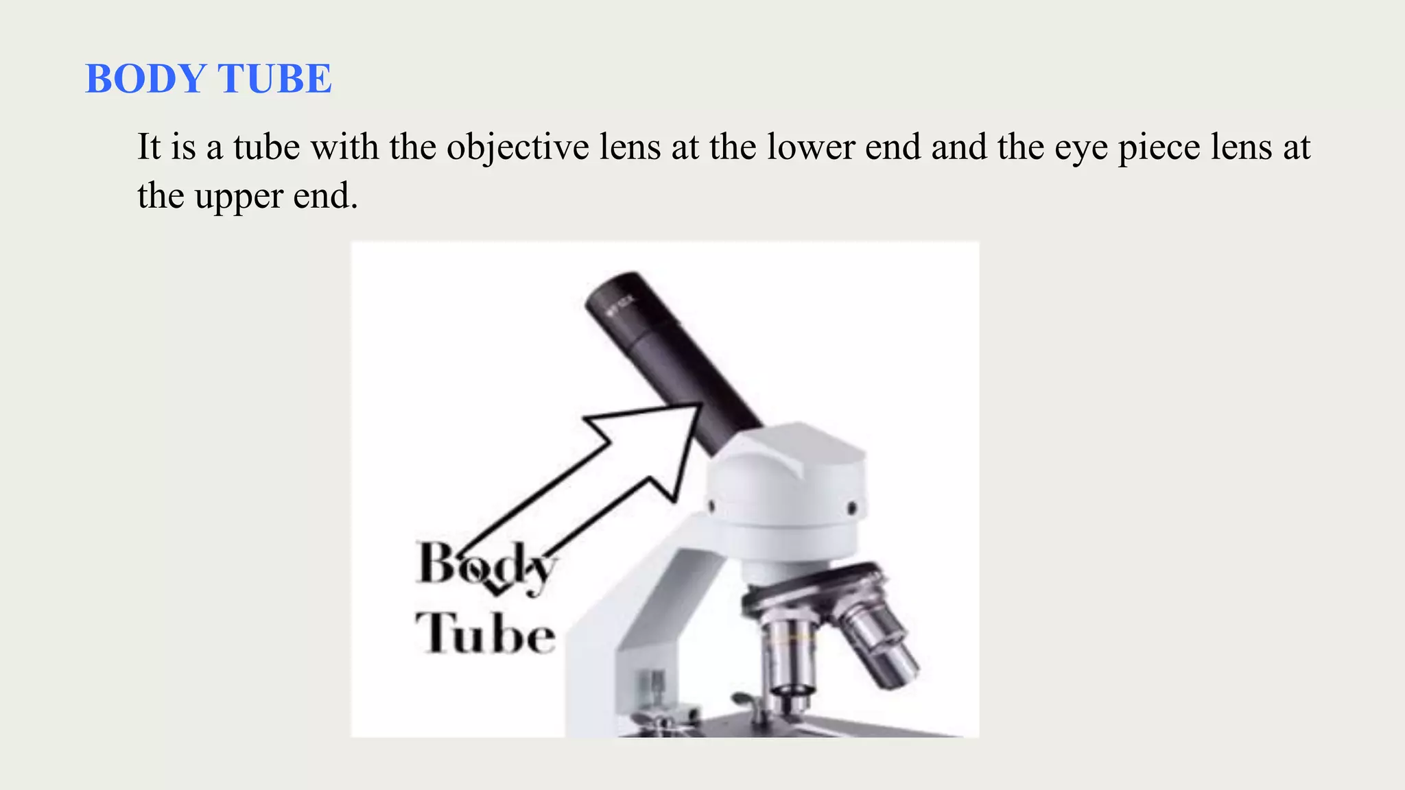 BODY TUBE
It is a tube with the objective lens at the lower end and the eye piece lens at
the upper end.
 
