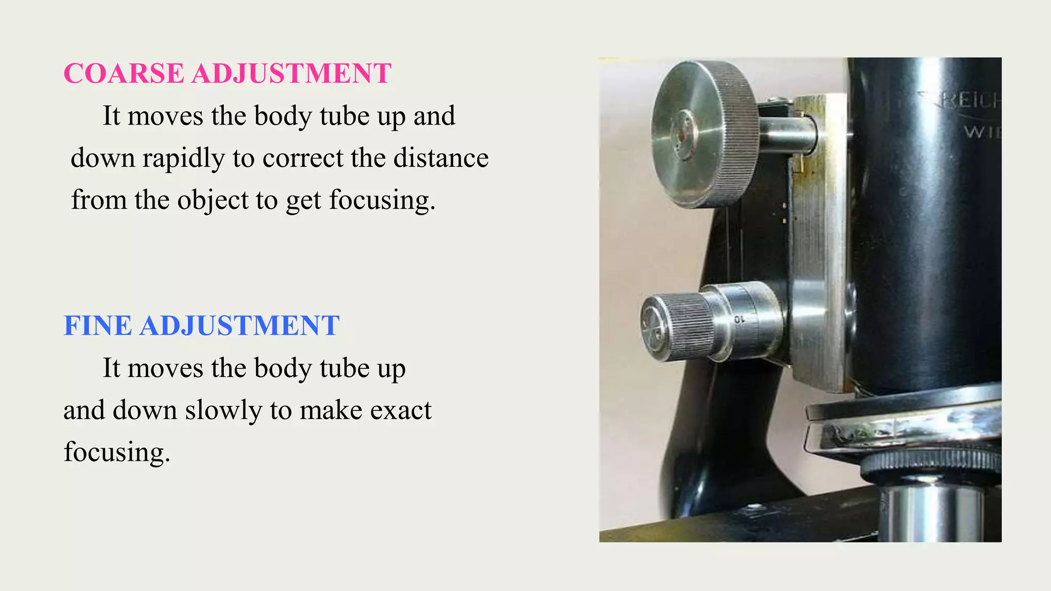 COARSE ADJUSTMENT
It moves the body tube up and
down rapidly to correct the distance
from the object to get focusing.
FINE ADJUSTMENT
It moves the body tube up
and down slowly to make exact
focusing.
 