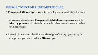 USES OF COMPOUND LIGHT MICROSCOPE.
• Compound Microscope is used in pathology labs to identify diseases.
• In Forensic laboratories, Compound Light Microscopes are used to
identify presence of minerals or metals in human cells so as to solve
criminal cases.
• Forensic Experts can also find out the origin of a drug by viewing its
component particles under a Microscope.
 