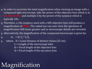  In order to ascertain the total magnification when viewing an image with a
compound light microscope, take the power of the objective lens which is at
4x, 10x or 40x and multiply it by the power of the eyepiece which is
typically 10x.
 Therefore, a 10x eyepiece used with a 40X objective lens will produce a
magnification of 400X. The naked eye can now view the specimen at
magnification 400 times greater and so microscopic details are revealed.
 Alternatively, the magnification of the compound microscope is given by:
 m = D/ fo * L/fe
 where, D = Least distance of distinct vision (25 cm)
L = Length of the microscope tube
fo = Focal length of the objective lens
fe = Focal length of the eye-piece lens
Magnification
 