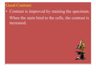 Good Contrast:
• Contrast is improved by staining the specimen.
When the stain bind to the cells, the contrast is
increased.
 
