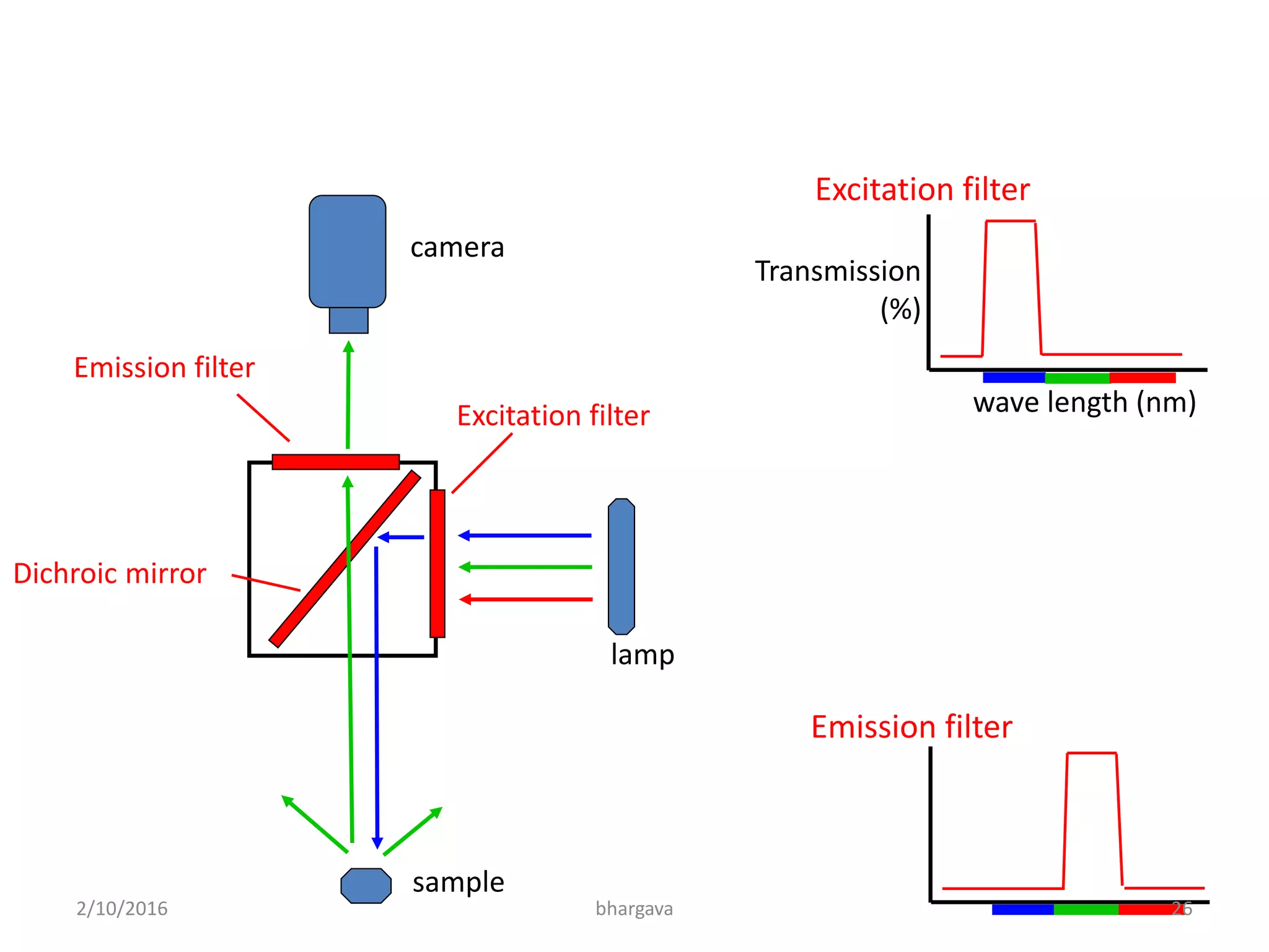 lamp
sample
camera
Emission filter
Dichroic mirror
Excitation filter
Emission filter
Transmission
(%)
wave length (nm)
Excitation filter
2/10/2016 26bhargava
 