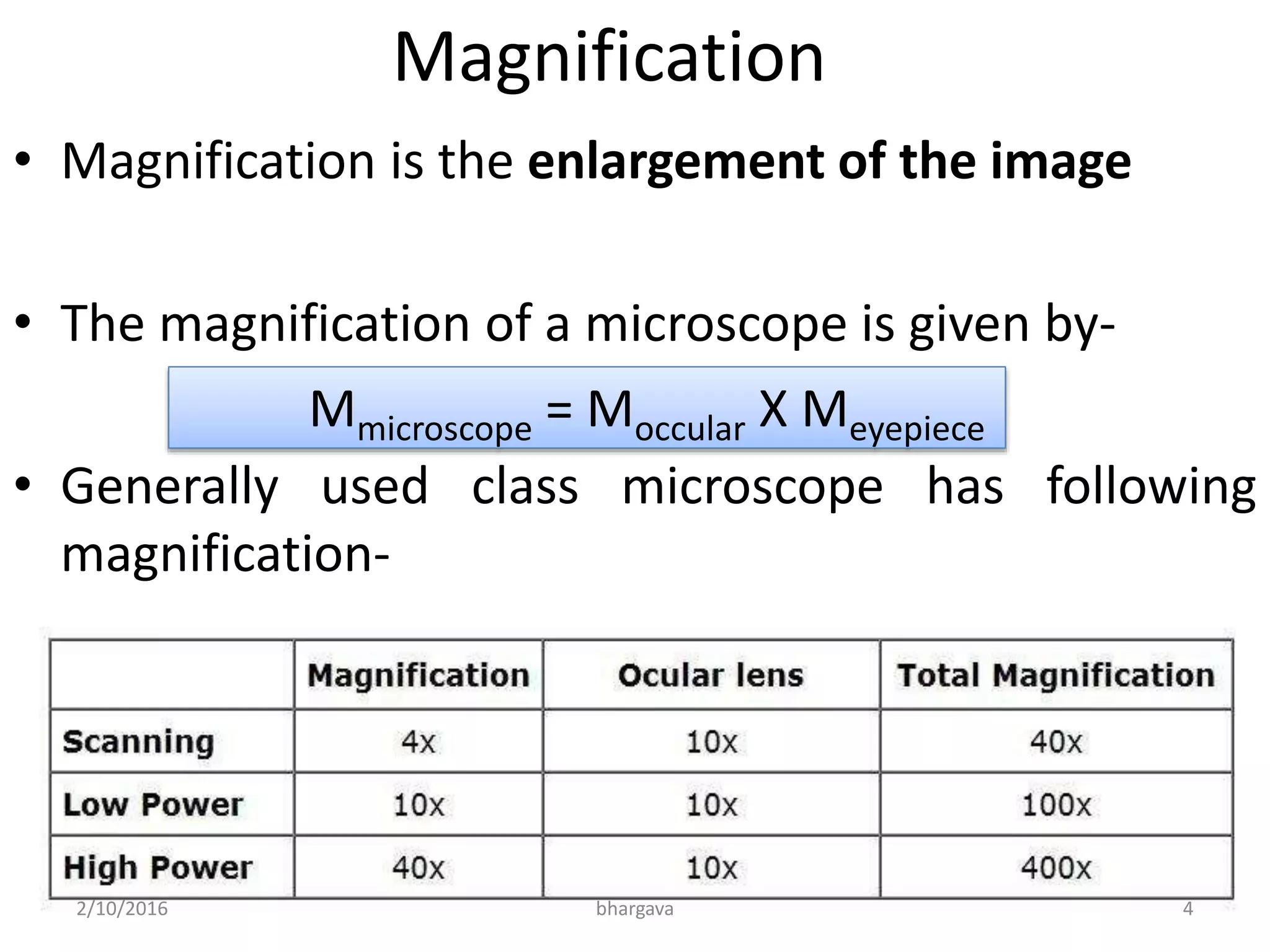 Magnification
• Magnification is the enlargement of the image
• The magnification of a microscope is given by-
• Generally used class microscope has following
magnification-
Mmicroscope = Moccular X Meyepiece
2/10/2016 4bhargava
 