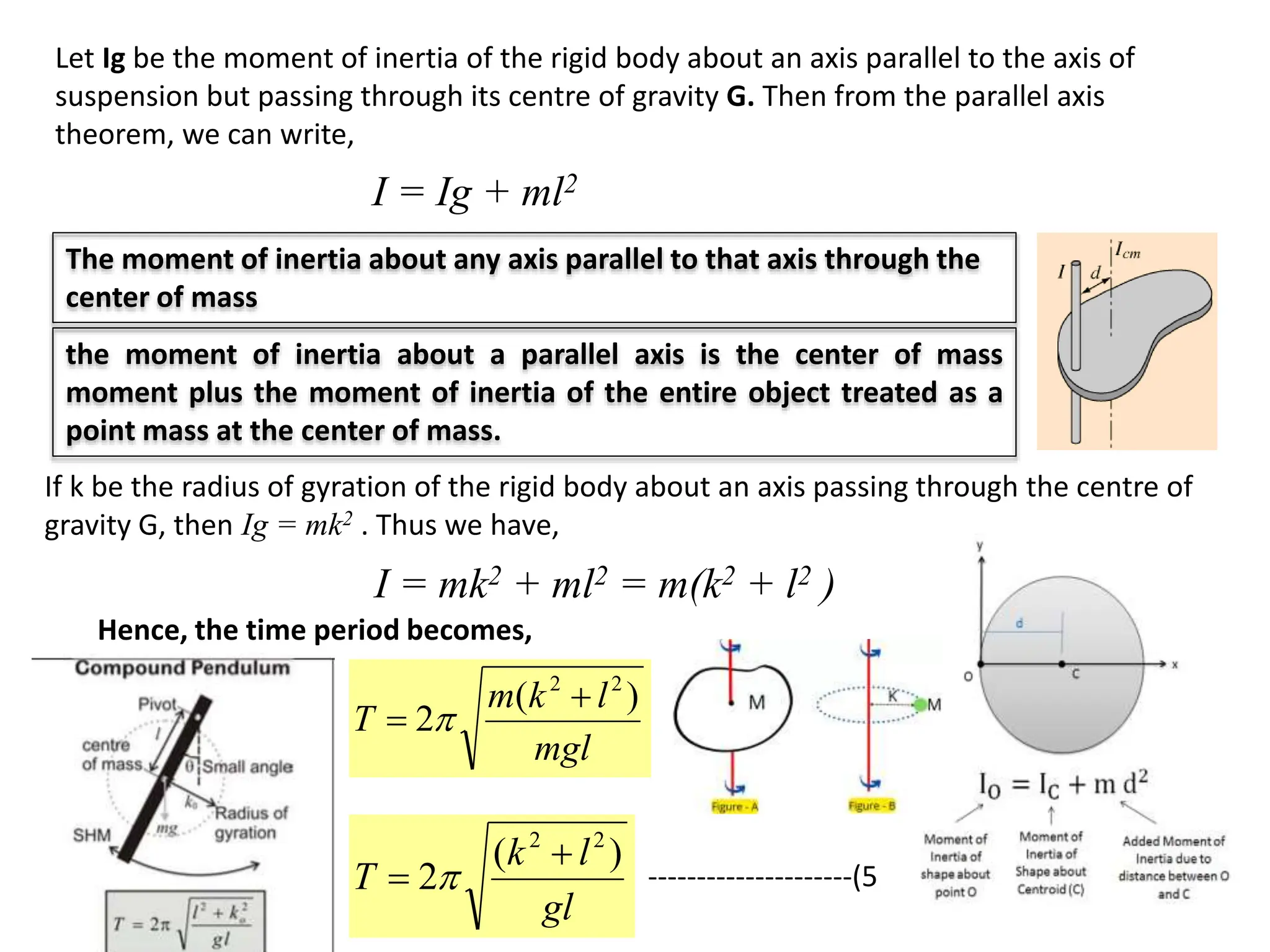 Let Ig be the moment of inertia of the rigid body about an axis parallel to the axis of
suspension but passing through its centre of gravity G. Then from the parallel axis
theorem, we can write,
I = Ig + ml2
If k be the radius of gyration of the rigid body about an axis passing through the centre of
gravity G, then Ig = mk2 . Thus we have,
I = mk2 + ml2 = m(k2 + l2 )
Hence, the time period becomes,
mgl
l
k
m
T
)
(
2
2
2

 
gl
l
k
T
)
(
2
2
2

  ---------------------(5)
The moment of inertia about any axis parallel to that axis through the
center of mass
the moment of inertia about a parallel axis is the center of mass
moment plus the moment of inertia of the entire object treated as a
point mass at the center of mass.
 