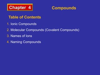 Chapter 4 Compounds
1. Ionic Compounds
2. Molecular Compounds (Covalent Compounds)
3. Names of Ions
4. Naming Compounds
Table of Contents
 