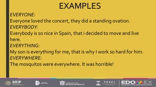 EXAMPLES
EVERYONE:
Everyone loved the concert, they did a standing ovation.
EVERYBODY:
Everybody is so nice in Spain, that i decided to move and live
here.
EVERYTHING:
My son is everything for me, that is why I work so hard for him.
EVERYWHERE:
The mosquitos were everywhere. It was horrible!
 