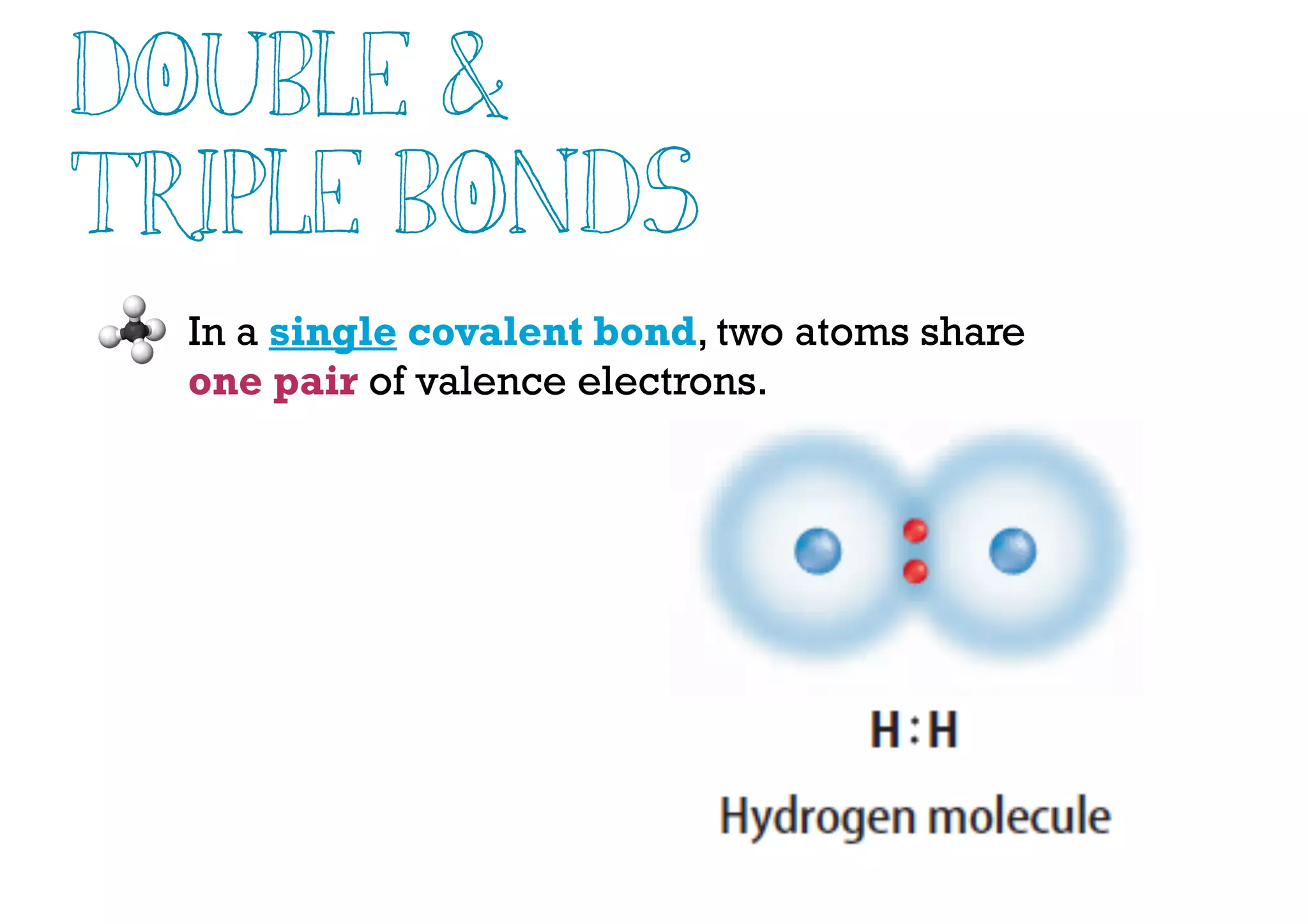 In a single covalent bond, two atoms share
one pair of valence electrons.
Double &
Triple Bonds
 