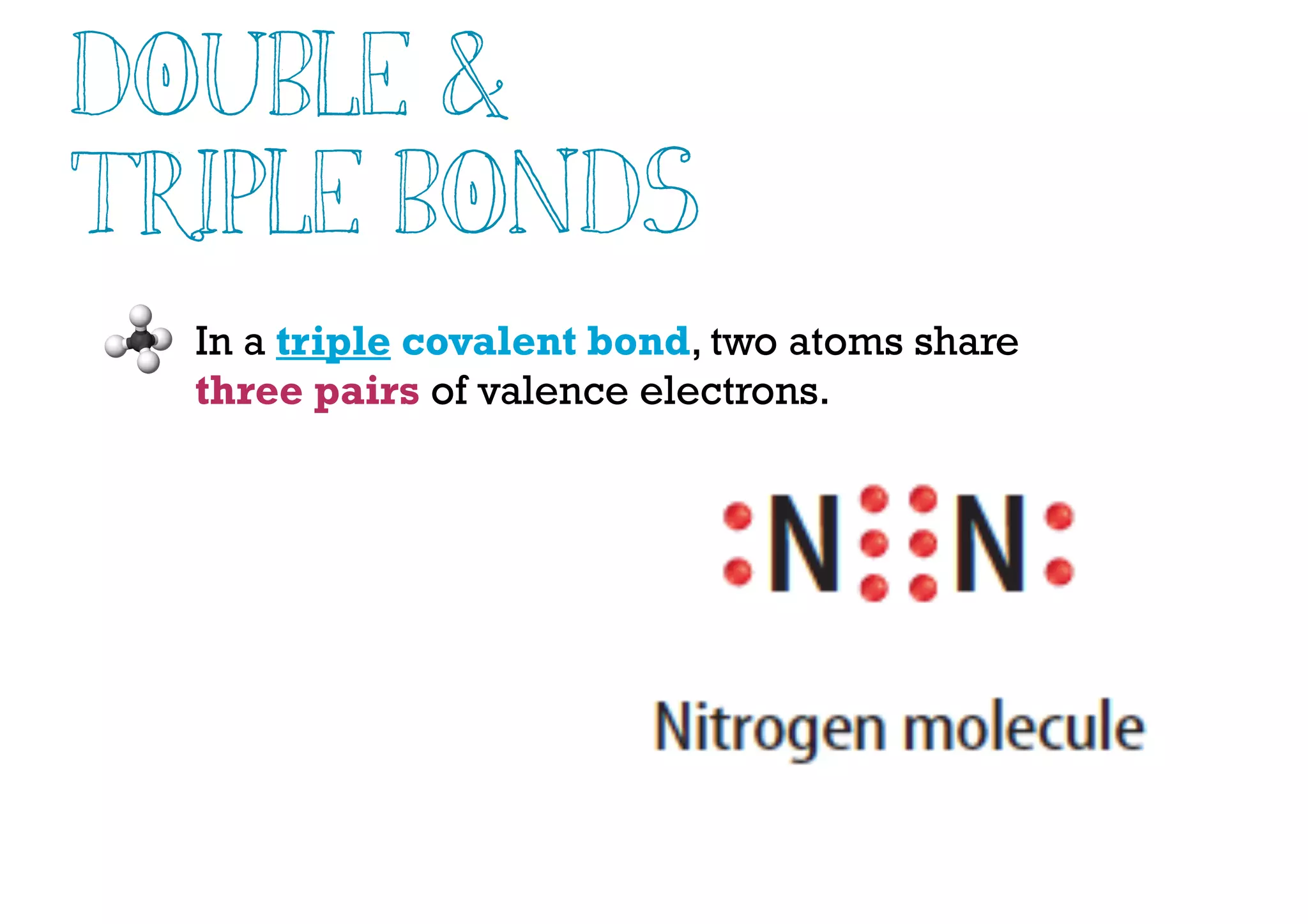 In a triple covalent bond, two atoms share
three pairs of valence electrons.
Double &
Triple Bonds
 