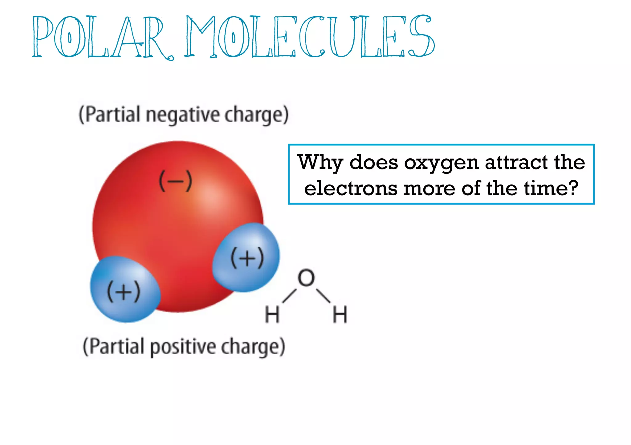 Polar Molecules
Why does oxygen attract the
electrons more of the time?
 