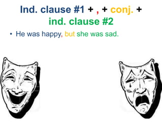 Ind. clause #1 + , + conj. +
ind. clause #2
• He was happy, but she was sad.
 