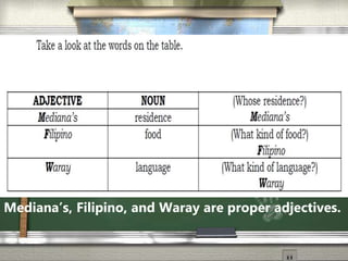 Mediana’s, Filipino, and Waray are proper adjectives.
 