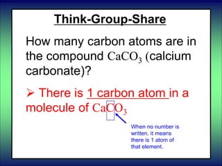 Think-Group-Share
How many carbon atoms are in
the compound CaCO3 (calcium
carbonate)?
 There is 1 carbon atom in a
molecule of CaCO3
When no number is
written, it means
there is 1 atom of
that element.
 