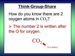 Think-Group-Share
How do you know there are 2
oxygen atoms in CO2?
 The number 2 is written after
the O for oxygen.
CO2
(2 is written)
 