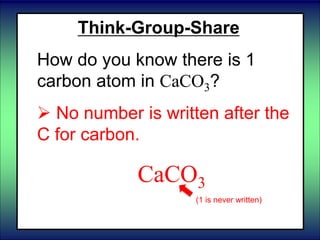 Think-Group-Share
How do you know there is 1
carbon atom in CaCO3?
 No number is written after the
C for carbon.
CaCO3
(1 is never written)
 