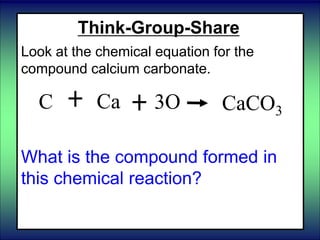 Think-Group-Share
Look at the chemical equation for the
compound calcium carbonate.
What is the compound formed in
this chemical reaction?
C Ca CaCO33O
 