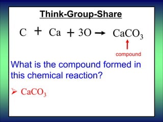 Think-Group-Share
What is the compound formed in
this chemical reaction?
 CaCO3
C Ca CaCO33O
compound
 