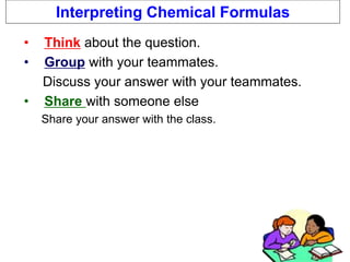 Copyright Richards 2009
Interpreting Chemical Formulas
• Think about the question.
• Group with your teammates.
Discuss your answer with your teammates.
• Share with someone else
Share your answer with the class.
 