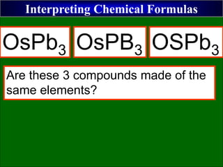 Interpreting Chemical Formulas
OsPb3 OsPB3 OSPb3
Are these 3 compounds made of the
same elements?
 