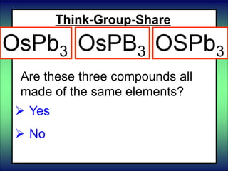 Think-Group-Share
 Yes
 No
Are these three compounds all
made of the same elements?
OsPb3 OsPB3 OSPb3
 