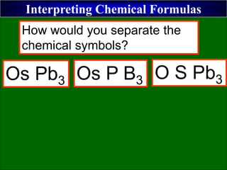 Interpreting Chemical Formulas
Os Pb3 Os P B3 O S Pb3
How would you separate the
chemical symbols?
 