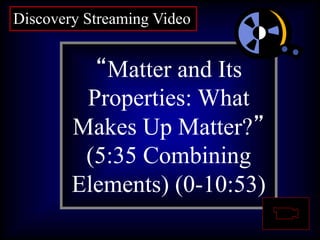 Question 1:
What are
asteroids?
“Matter and Its
Properties: What
Makes Up Matter?”
(5:35 Combining
Elements) (0-10:53)
Discovery Streaming Video
 