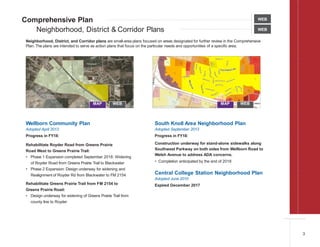 Comprehensive Plan
Neighborhood, District & Corridor Plans WEB
Neighborhood, District, and Corridor plans are small-area plans focused on areas designated for further review in the Comprehensive
Plan. The plans are intended to serve as action plans that focus on the particular needs and opportunities of a specific area.
WEB
Wellborn Community Plan
Adopted April 2013
Progress in FY18:
Rehabilitate Royder Road from Greens Prairie
Road West to Greens Prairie Trail:
• Phase 1 Expansion completed September 2018: Widening
of Royder Road from Greens Prairie Trail to Blackwater
• Phase 2 Expansion: Design underway for widening and
Realignment of Royder Rd from Blackwater to FM 2154
Rehabilitate Greens Prairie Trail from FM 2154 to
Greens Prairie Road:
• Design underway for widening of Greens Prairie Trail from
county line to Royder
South Knoll Area Neighborhood Plan
Adopted September 2013
Progress in FY18:
Construction underway for stand-alone sidewalks along
Southwest Parkway on both sides from Wellborn Road to
Welsh Avenue to address ADA concerns.
• Completion anticipated by the end of 2018
Central College Station Neighborhood Plan
Adopted June 2010
Expired December 2017
3
MAP WEB MAP WEB
 