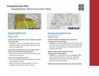 Comprehensive Plan
Neighborhood, District & Corridor Plans
WEB
WEB
Eastgate Neighborhood
Adopted June 2011
Progress in FY18:
Eastgate Utility Rehabilitation Project Phase 4 completed
in November 2018:
• Rehabilitation of water and wastewater utilities in the area
generally bounded by Lincoln Avenue, Francis Drive, Texas
Avenue, and Walton Drive.
Lincoln Avenue Rehabilitation Project design contract
awarded and submittal expected early 2019:
• Design and Construction of Lincoln Avenue between Texas
Avenue and University Drive.
Francis Drive Rehabilitation Project:
• Phase 1 construction underway to rehabiltate Francis Drive
from Glenhaven to Munson.
• Phase 2 construction to follow completion of Phase 1 to
rehabiltate Francis Drive from Munson to Walton.
Southside Area Neighborhood
Adopted September 2012
Progress in FY18:
Southside Neighborhood Safety Improvements Plan
(In Design and Land Acquisition):
• Rehabilitation of streets and utilities in the area bounded by Timber
Street, Park Place, Anna Street, Holik Drive, and Anderson Street.
Construction start date dependent on easement acquisition and
coordination with CSISD.
Woodson Village Utility Rehabilitation Project
(In Design and Land Acquisition):
• Rehabilitation and replacement of water and wastewater utilities
in the area generally bounded by Haines Drive, Glade Street,
Hawthorn Street, and Park Place. Construction start date
dependent on easement acquisition.
Neighborhood initiated Neighborhood Conservation Overlay
4
MAP WEB MAP WEB
 