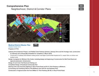 WEB
Comprehensive Plan
Neighborhood, District & Corridor Plans
Medical District Master Plan
Adopted October 2012
Progress in FY18:
Lakeway Drive Extension Project, and Pebble Creek Parkway between Lakeway Drive and the frontage road, construction
is underway and contractually scheduled for completion in March 2019:
• Construction of Lakeway Drive between existing section near Baylor Scott &White Hospital and St. Joseph Clinic at northern and
southern ends.
Design in progress for Midtown City Center, including design and beginning of construction for Bird Pond Road and
regional wastewater infrastructure
Design of Lick Creek Trail Head and Parking Lot
Completed Design of Southeast Community Park
Naming of the area bound by Highway 6, Rock Prairie Road and W. D. Fitch Parkway as Midtown.
Co-branding and marketing efforts of the Midtown area with the new Business Park.
Construction of regional sewer line from William D. Fitch Parkway (SH 40) to Rock Prairie Road.
WEB
WEB
5
 