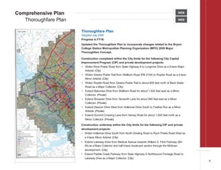 Thoroughfare Plan
Adopted July 2009
Progress in FY18:
Updated the Thoroughfare Plan to incorporate changes related to the Bryan/
College Station Metropolitan Planning Organization (MPO) 2050 Major
Thoroughfare Concept.
Construction completed within the City limits for the following City Capital
Improvement Program (CIP) and private development projects:
• Widen Rock Prairie Road from State Highway 6 to Longmire Drive as a 6-lane Major
Arterial. (City)
• Widen Greens Prairie Trail from Wellborn Road (FM 2154) to Royder Road as a 4-lane
Minor Arterial. (City)
• Widen Royder Road from Greens Prairie Trail to about 800 feet north of Back Water
Road as a Major Collector. (City)
• Extend Balcones Drive from Wellborn Road for about 1,500 feet east as a Minor
Collector. (Private)
• Extend Brewster Drive from Yanworth Lane for about 990 feet east as a Minor
Collector. (Private)
• Extend Deacon Drive West from Holleman Drive South to Feather Run as a Minor
Arterial. (Private)
• Extend Summit Crossing Lane from Harvey Road for about 1,600 feet north as a
Minor Collector. (Private)
Construction underway within the City limits for the following CIP and private
development projects:
• Widen Holleman Drive South from North Dowling Road to Rock Prairie Road West as
a 4-lane Minor Arterial. (City)
• Extend Lakeway Drive from Medical Avenue towards William D. Fitch Parkway (SH
40) as a Major Collector and half 4-lane boulevard section through the Midtown
development. (City)
• Extend Pebble Creek Parkway from State Highway 6 Northbound Frontage Road to
Lakeway Drive as a Major Collector. (City)
6
Comprehensive Plan
Thoroughfare Plan WEB
WEB
 