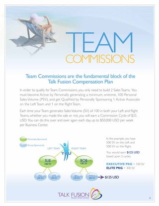 TEAM
                               COMMISSIONS
    Team Commissions are the fundamental block of the
            Talk Fusion Compensation Plan
In order to qualify for Team Commissions, you only need to build 2 Sales Teams. You
must become Active by Personally generating a minimum, onetime, 100 Personal
Sales Volume (PSV), and get Qualified by Personally Sponsoring 1 Active Associate
on the Left Team and 1 on the Right Team.
Each time your Team generates Sales Volume (SV) of 100 in both your Left and Right
Teams, whether you made the sale or not, you will earn a Commission Cycle of $25
USD. You can do this over and over again each day, up to $50,000 USD per week
per Business Center.


                                                            In this example, you have
                                                            500 SV on the Left and
                                                            500 SV on the Right.
                                                            You would earn $125 USD
                                                            based upon 5 cycles.

                                                            EXECUTIVE PKG = 100 SV
                                                            ELITE PKG = 300 SV




                                                                                        4
 